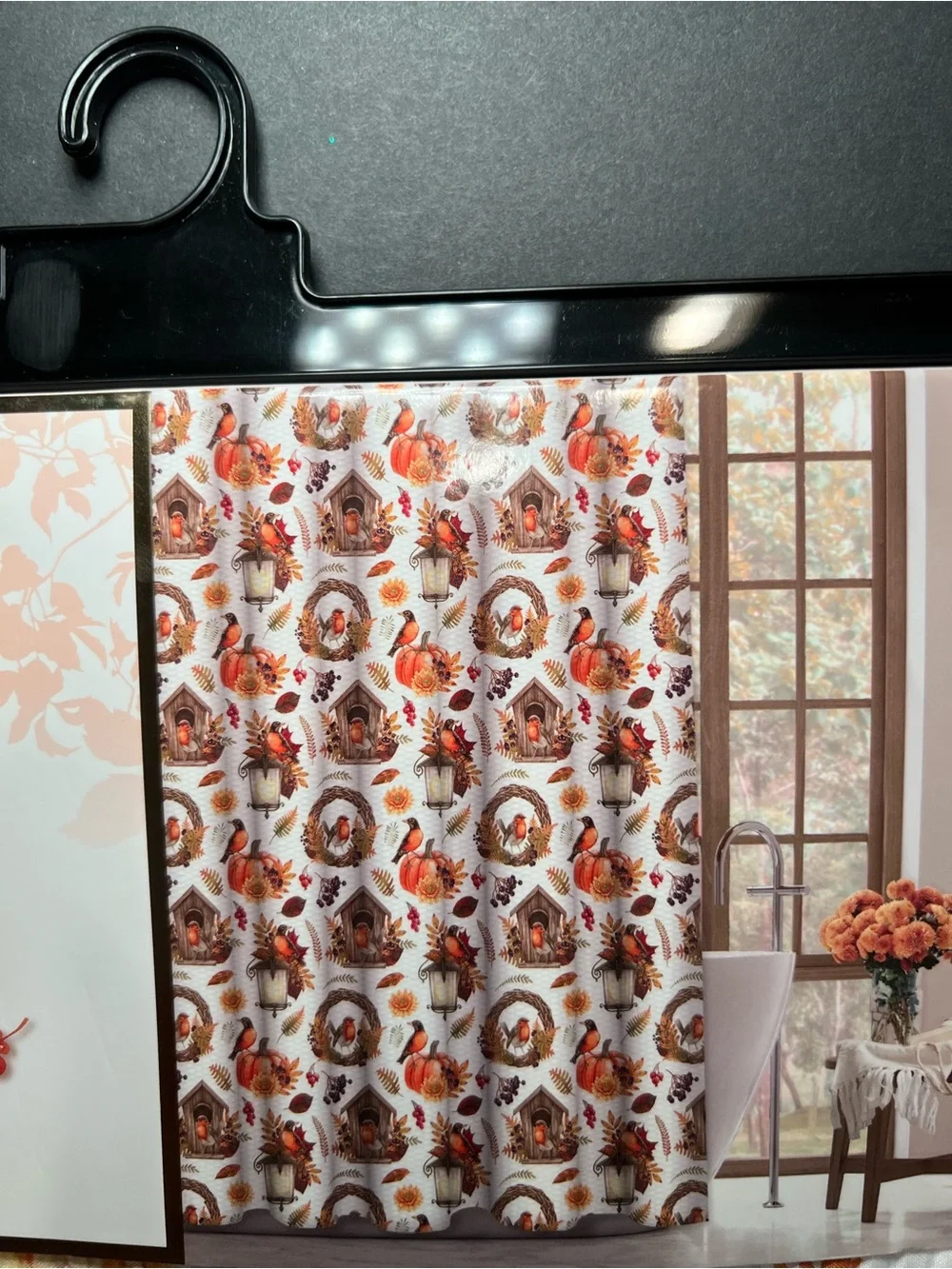Autumn Birdhouse Textured Fabric Shower Curtain Birds Pumpkins Leaves Wreath